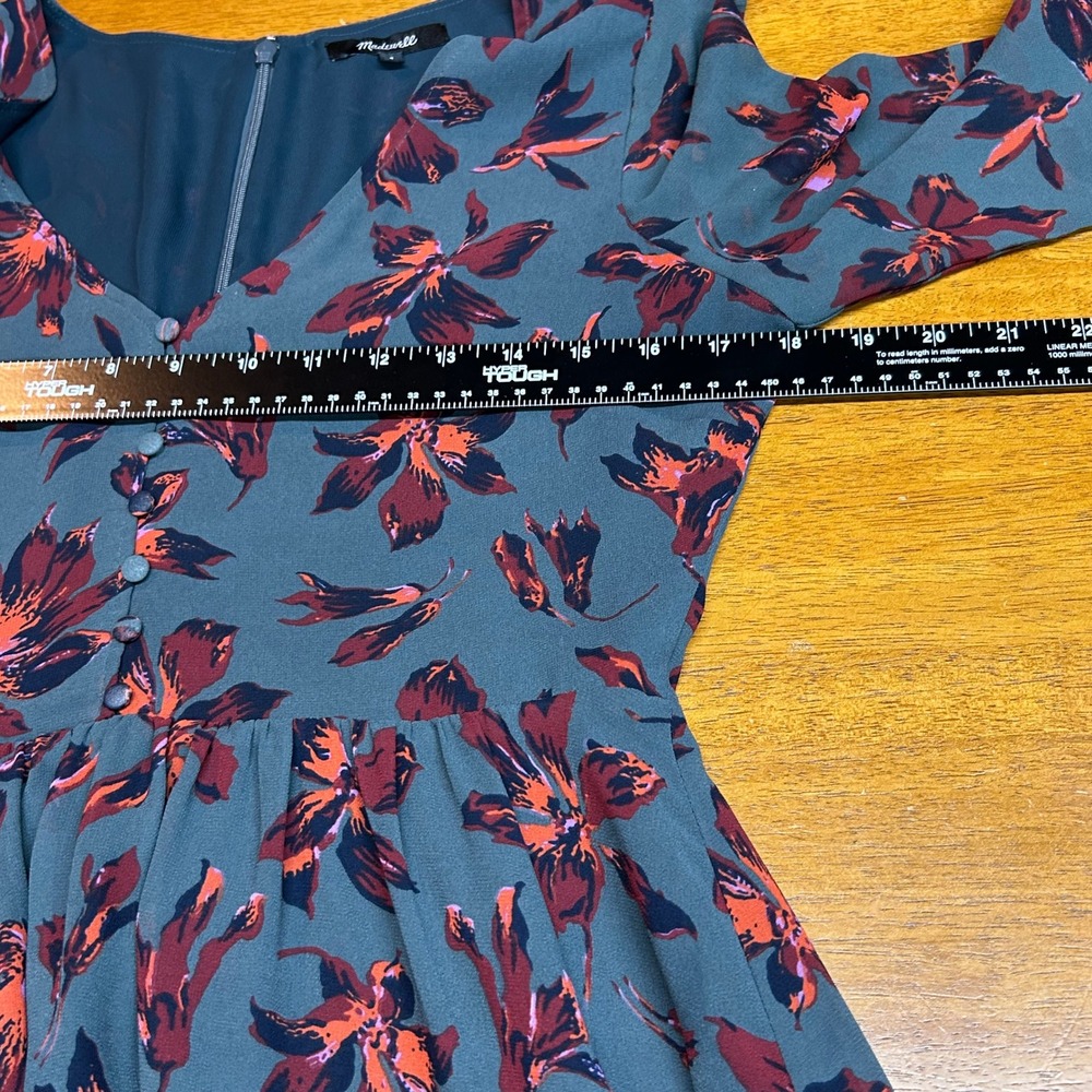 Madewell Dark Green Floral V-Neck Ruffle Sleeve Mini Dress Moonblossom - Picture 9 of 12